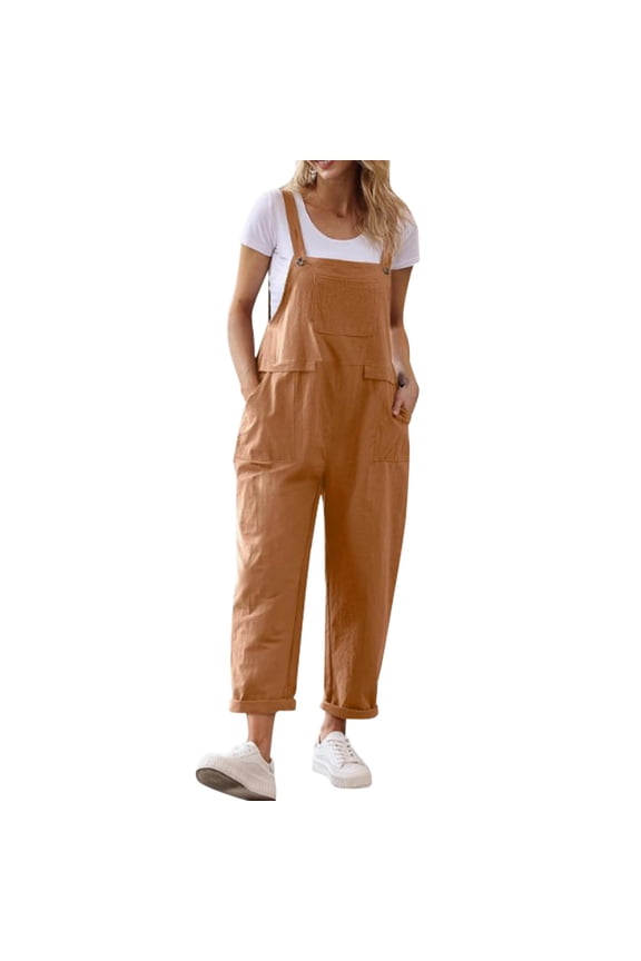 One Piece Jumpsuits Baggy Long Pants Spring Rompers for Women Fashion Clothes 2026 Jumpsuits for Women Spring Solid Color Linen Jumpsuits for Women Spaghetti Strap Womens Overalls Brown L