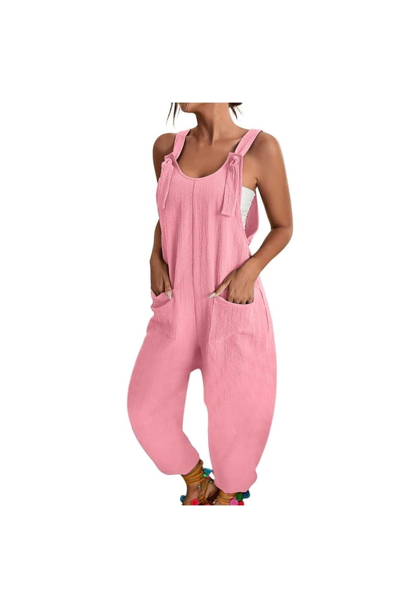 One Piece Jumpsuits Boho Wide Leg Rompers Jumpsuits for Women Spring Tie Strap Sleeveless Linen Jumpsuits for Women One Piece Rompers Spring Rompers for Women Overalls with Pockets Pink L