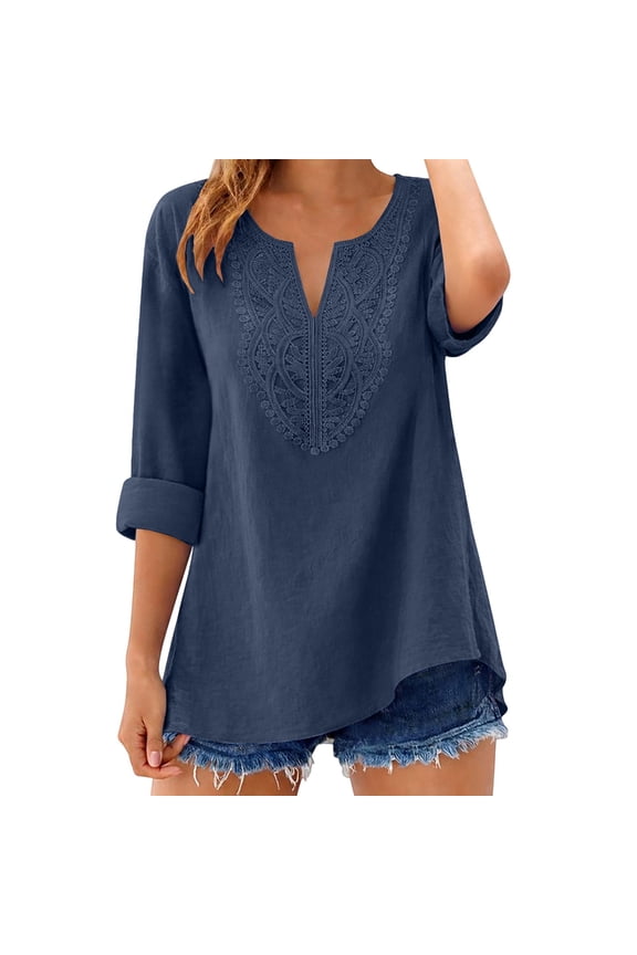 Peasant Blouses for Women Solid Color Blouses for Women Crew Neck Shirt V Neck Casual Loose Fit Blouses Vintage Embroidered Blouse Tops Navy M