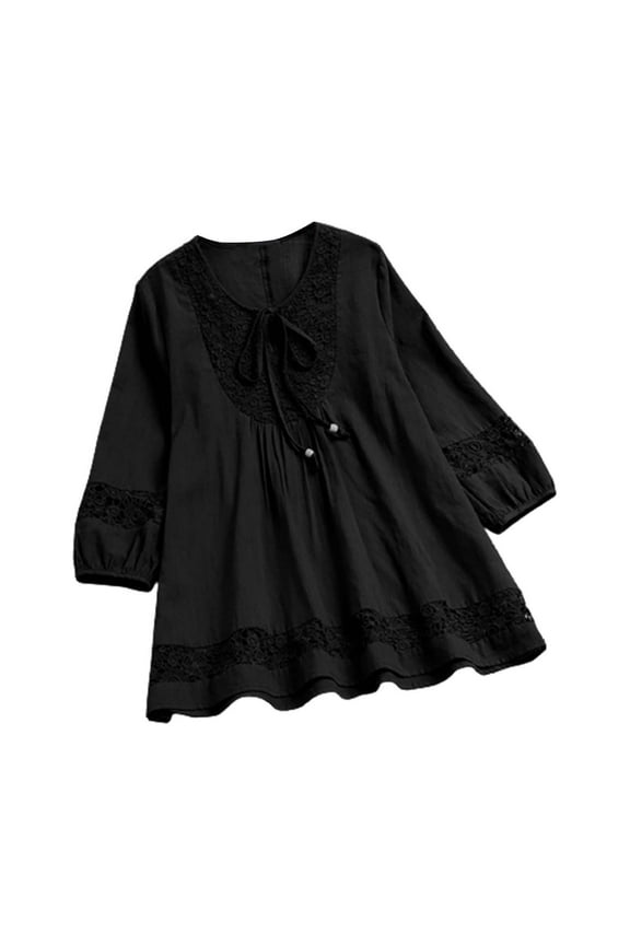 Peasant Tops for Women Womens 3/4 Sleeve Tops Loose Fit Blouses Side Slit Tops for Women Vintage Embroidered Blouse Tops Breathable Blouses Top Black L