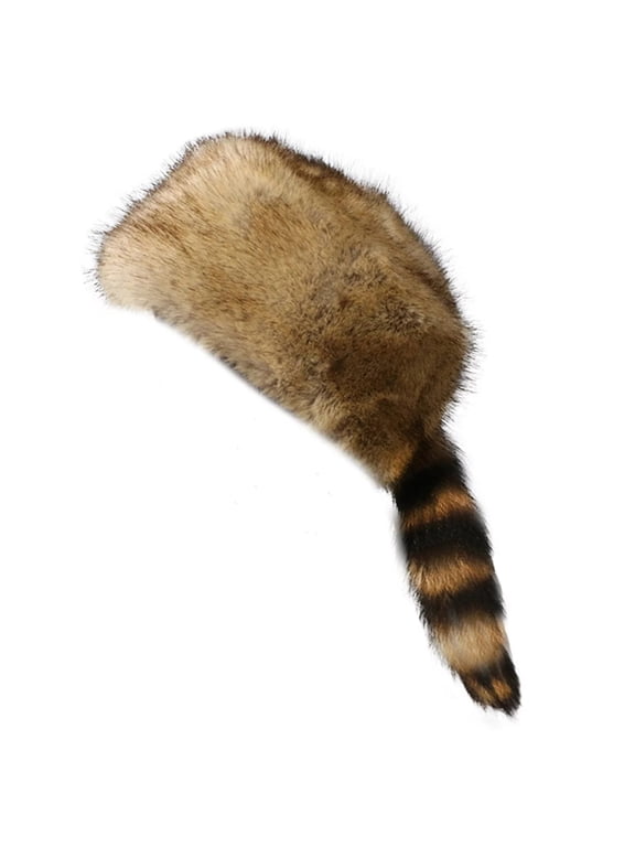 Raccoon Hat with Tail for Women Men Faux Fur Coonskin Raccoon Tail Hat Warm Winter Cap for Unisex Cold Weather Khaki One Size