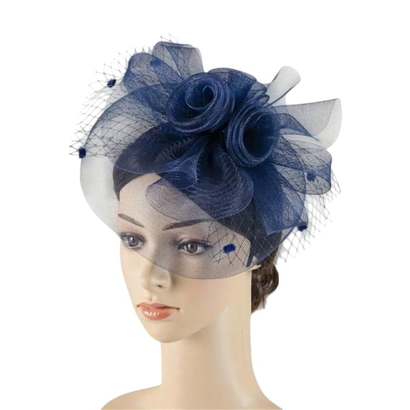 JFGHDG Retro‑Style Ladies Formal Fascinator Ornate Fabric Rose Flower Layered Tulle Mesh Veil With Dot Embellishments Secure Hair‑clip Design For Special Occasions Navy One Size