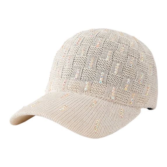 JFGHDG Rhinestone Decor Knit Baseball Cap Hollow Breathable Mesh Adjustable Casual Bling Sun Hat for Women Daily Party Wear Beige One Size