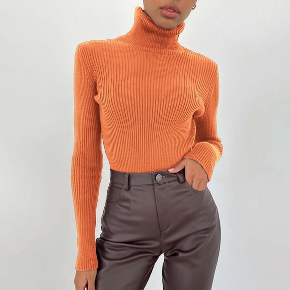 JFGHDG Ribbed Knit Tops for Women Turtleneck Sweaters for Women Lightweight Turtleneck for Women Hoodies for Women Waffle Sweatshirt Women Womens Sweatshirt Orange One Size