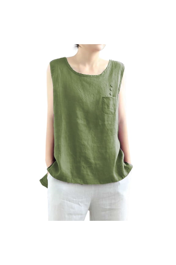 Sleeveless Tunic Tops for Women Embroidered Button Sleeveless Top Flowy Swing Tee Sleeveless Crew Neck Loose Shirt Cotton and Linen Camisole Tshirts Green 3XL