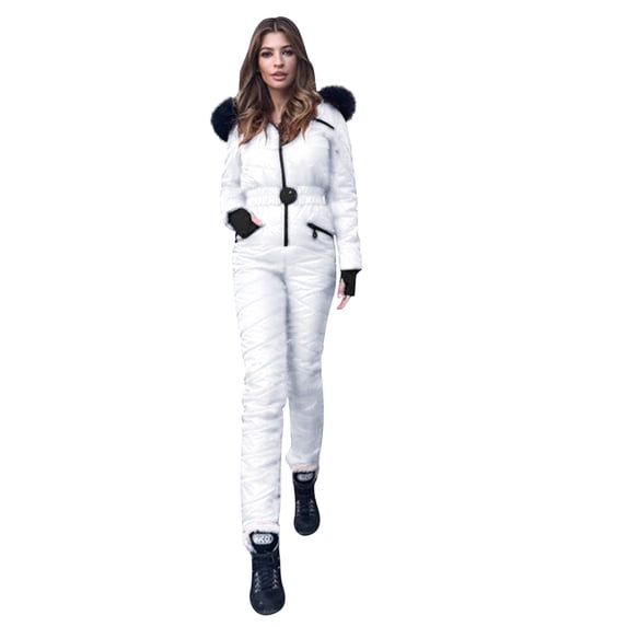 JFGHDG Snow Jumpsuit for Women One Piece Snowsuit Sports Waterproof Color Block Sports Outerwear Windproof Faux Fur Collar Warm Waterproof Sports Slim Winter Suits for Women A1_white M