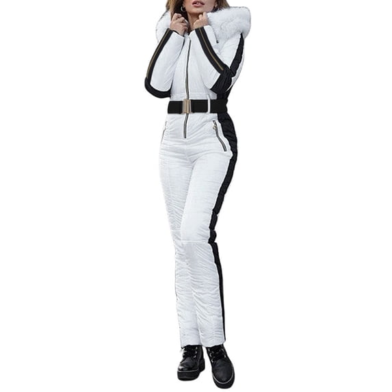 JFGHDG Snow Suits for Women Faux Fur Collar Sports Slim One Piece Snowsuit Color Block Sports Outerwear Warm Waterproof Winter Snow Hooded Snowsuit Winter Suits for Women A2_white 2xl