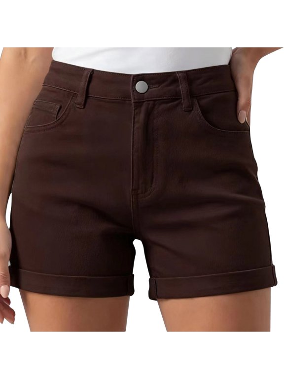 Solid Stretch Denim Shorts for Women High Waisted Roll Cuff Hem Casual Summer Daily Pocketed Jean Shorts Coffee L