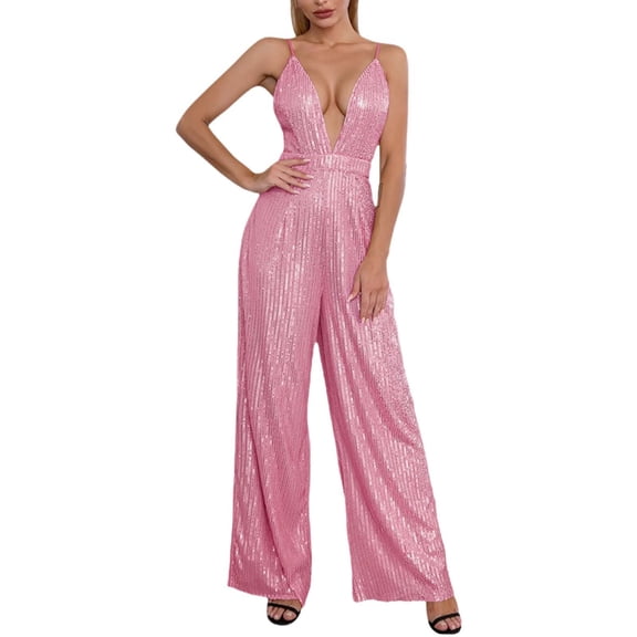 JFGHDG Sparkly Jumpsuit V Neck Jumpsuits for Women 80s Jumpsuits for Women Western Jumpsuit for Women Holiday Party Jumpsuit for Women Sequin Romper for Women Party Night Pink 2xl