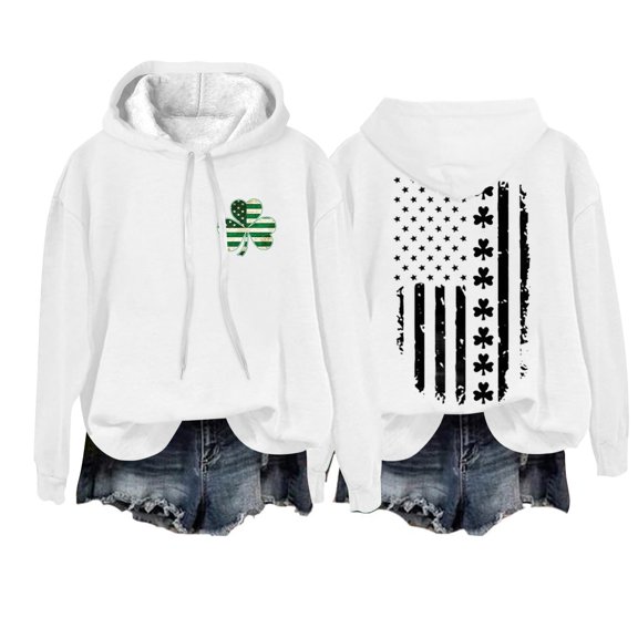 JFGHDG St Patricks Day Hoodie Women Irish Shamrock Shirt St Patricks Day Outfits for Women Loose Fit Tops Irish Shamrock American Flag Pullover Hoodie American Flag Sweatshirt A5_white Xl