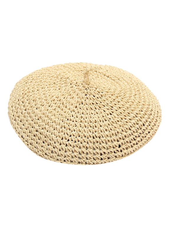 Straw‑textured Crochet Beret Classic French‑style Round Cap Hollow Woven Breathable Lightweight Summer Hat for Women Daily Beach Wear Beige One Size