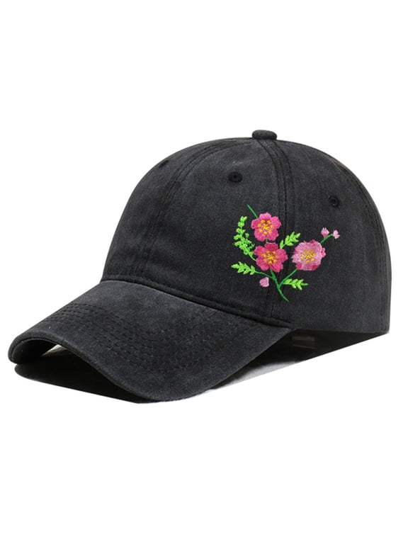 Summer Hand Embroidered Floral Baseball Cap Cotton Flower Hat Gifts for Women Black One Size