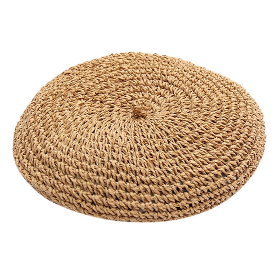 JFGHDG Summer‑style Hollow Crochet Beret Cap Textured Straw‑weave Construction Traditional French Round Shape Small Top Knot Ornament Lightweight Breathable Hat For Dating And Vacation Khaki One Size