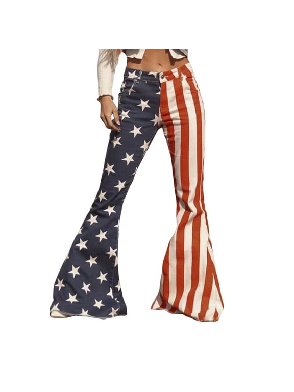 Tall Pants For Women Long 4th Of July Bell Bottom For Women American Flag Flare Leg Pants Blue M