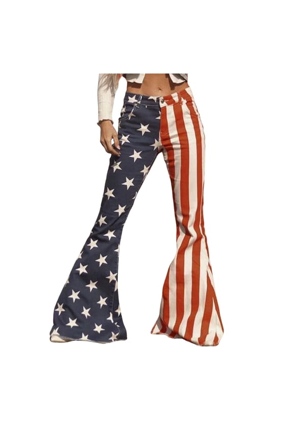 Tall Pants For Women Long 4th Of July Bell Bottom For Women American Flag Flare Leg Pants Blue M