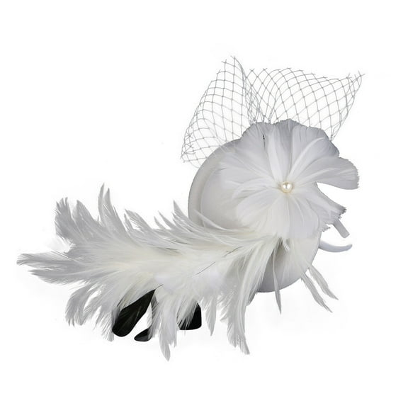 JFGHDG Tea Party Hat Feathers Flower Mesh Wedding Cocktail Dresses Accessories Kentucky Derby Headband and Clip Ribbons Feathers Fascinator Headband A4_white One Size
