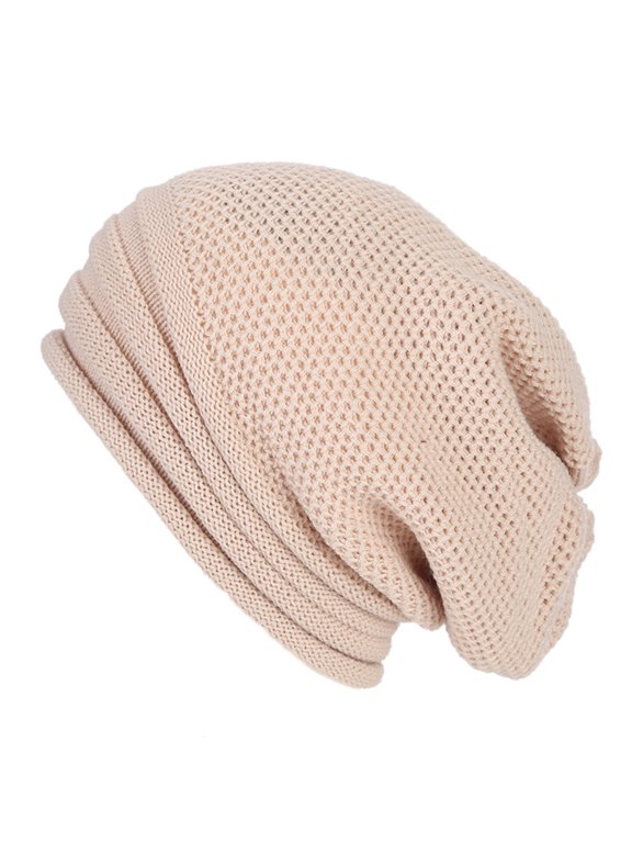 Unisex Slouchy Knit Beanie, Waffle Open Knit Oversized Skull Cap, Soft Stretchy Casual Winter Hat for Men Women Beige One Size