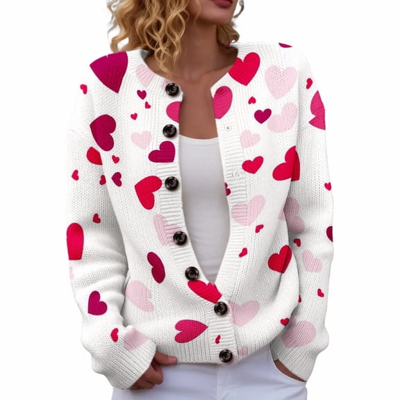 JFGHDG Valentines Day Sweater Women Valentine Sweater for Women Lover Cardigan Long Cardigan Print Cardigan Sweaters for Women Cardigan Graphic Cardigan for Women Hot Pink L