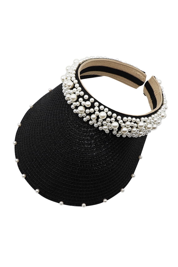 Visor Foldable Beach Visors with Pearl Straw Sun Visor Hat with Ponytail Pearls Decorated Sun Visor Hats Solid Pearls Decorated Straw Visor Caps Party Sun Visor Black One Size