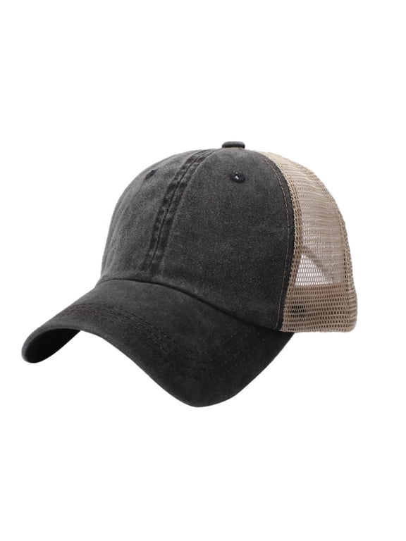 Washed Cotton Trucker Hat Spliced Mesh Back Adjustable Snapback Vintage Distressed Casual Sun Hat for Men Women Daily Outdoor Wear Black One Size