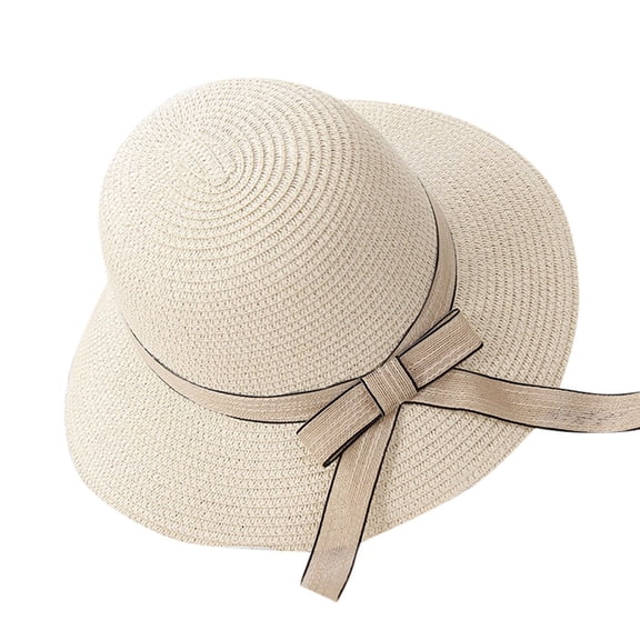 JFGHDG Wide Brim Straw Sun Hat Contrast‑trim Ribbon Bow Decor Breathable Woven Beach Hat for Women Vacation Daily Outdoor Wear Beige M