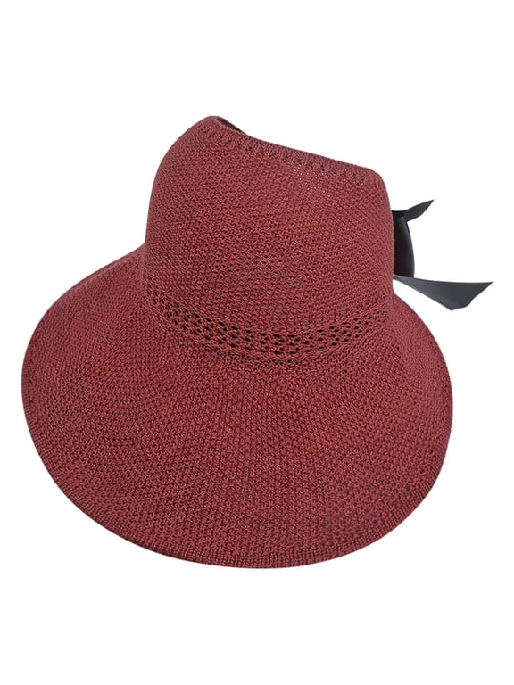 Wide Brim Visor for Women Packable Design Sun Visor Ponytail Hole Wide Brim Summer Cap Casual Topless Beach Hat Roll-up Straw Sun Visor Hat Large Brim Raffia Straw Sun Hat Red One Size