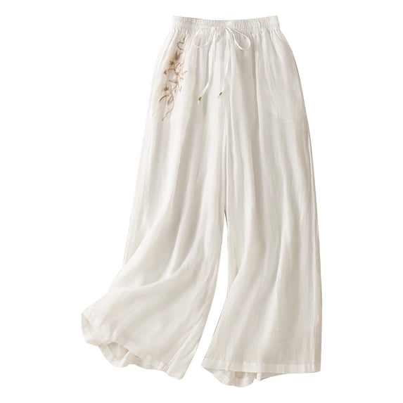JFGHDG Wide Leg Linen Pants Women Drawstring High Waisted Summer Beach Vacation Dressy Flowy Lightweight Cotton Trousers with Pockets White L