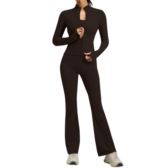 JFGHDG Women 2 Piece Outfits Fall Long Sleeve Zip Up Jacket Flare Legging Workout Sets Tracksuit Active Brown M