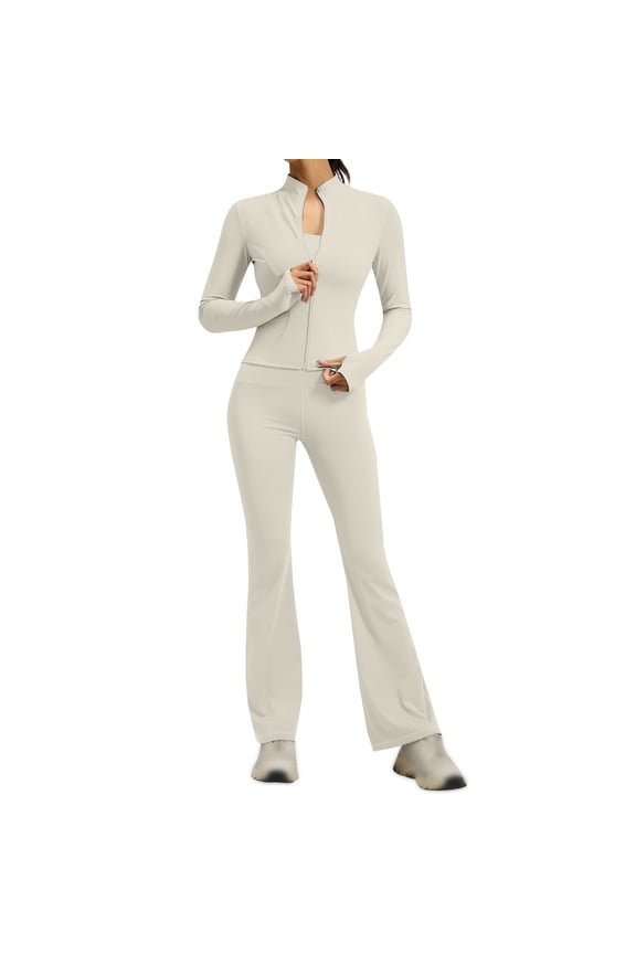 Women 2 Piece Workout Sets Long Sleeve Jacket Flare Long Yoga Pants Workout Sets Tracksuit Beige L