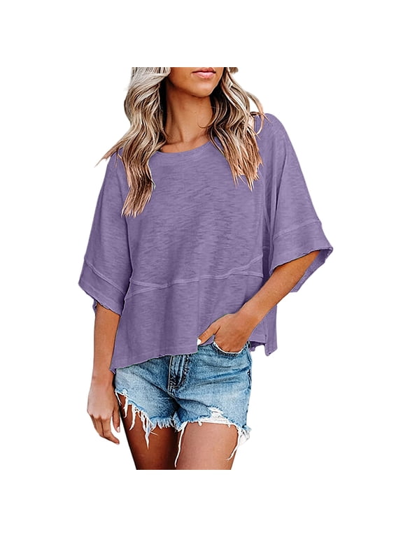 Women Casual Boxy Tee Top, Crewneck Batwing Bell Half‑Sleeve Shirt, Loose‑Fit High‑Low Hem Blouse Light Violet L