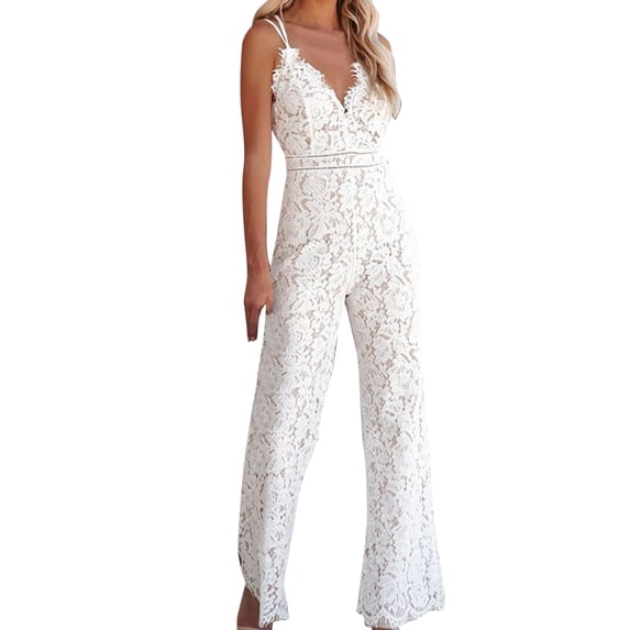 JFGHDG Women Deep V Neck Floral Lace Long Pants Jumpsuit High Waist Flare Leg Lace Romper Formal Party Overall White 2XL