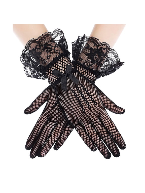 Women Fishnet Lace Gloves, Short Sheer Mesh Gloves With Ruffled Lace Cuff Bow Decor, Vintage Costume Gloves For Evening Party Halloween Wedding Prom Black One Size