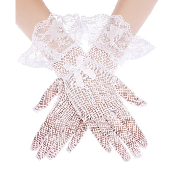 JFGHDG Women Fishnet Lace Gloves, Short Sheer Mesh Gloves With Ruffled Lace Cuff Bow Decor, Vintage Costume Gloves For Evening Party Halloween Wedding Prom White One Size