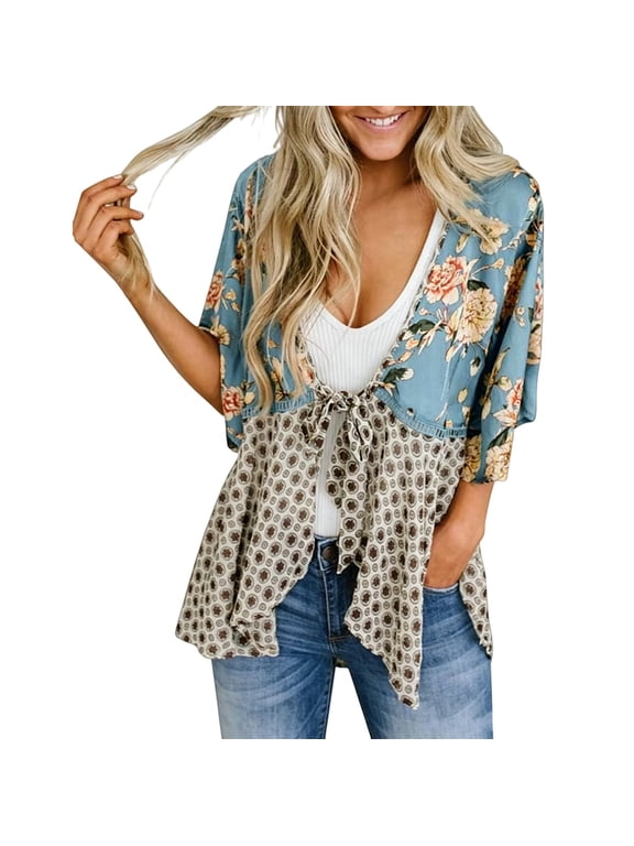 Women Floral Mixed Print Kimono Cardigan Tie Front Ruffle Hem Loose Vacation Beach Shacket Tops Light Blue XL