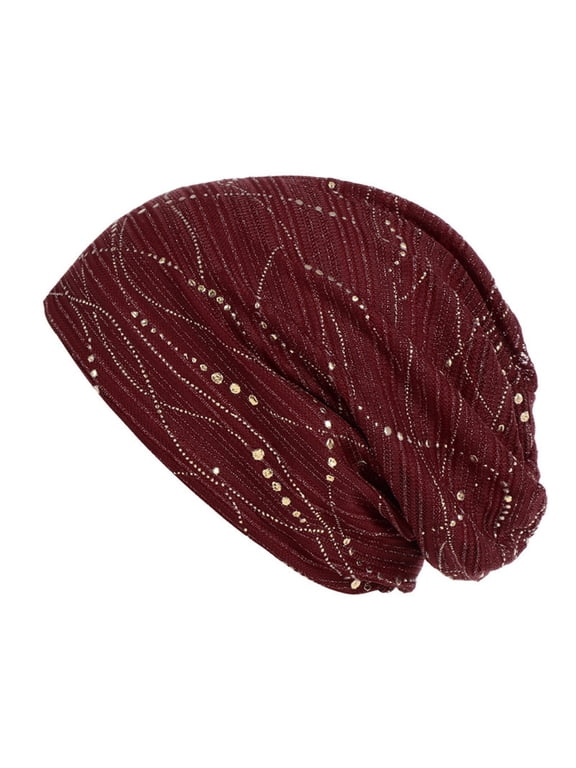 Women Flower Turbans Cap Rhinestone Pearl Knot Headwrap Pre Tied Head Cover Bonnet Pleated Headscarf Chemo Hat Wine Red One Size