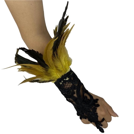 JFGHDG Women Gothic Lace Feather Wrist Cuffs, Fingerless Embroidered Costume Cuffs for Halloween Burlesque Carnival Party Dress‑up Yellow One Size
