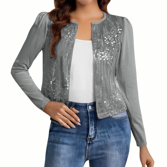 JFGHDG Women Jacket Jackets for Women Open Front Sequin Coat Summer Blazer Womens Blazers for Work Casual Lightweight Jacket Women Party Cardigan Gray S