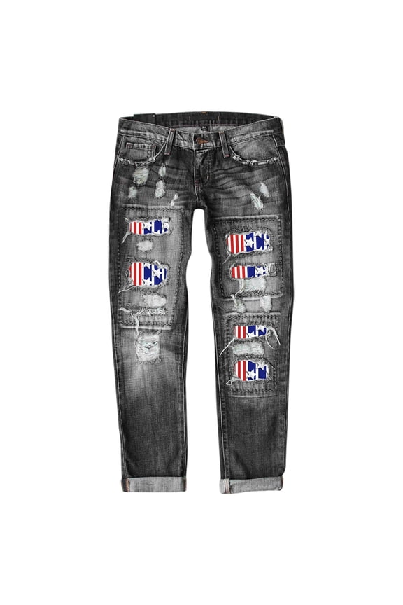 Women Jeans Mid Rise Jeans For Women American Flag Ripped Boyfriends Jeans For Women Cute Jeans 4th Of July Ripped Jeans For Women Star Striped Patch Jeans Blue 2 S