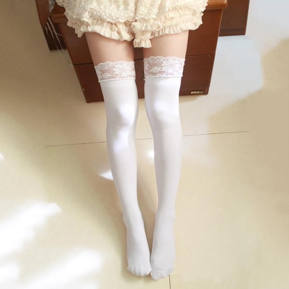 JFGHDG Women Lace Top Thigh High Socks, Floral Lace Trim Over‑the‑Knee Socks, Soft Stretch Opaque Long Socks for Lolita Cosplay Party Daily Dress Outfit A One Size