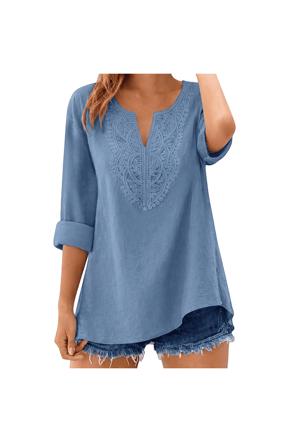 Women Lightweight Linen Blend Tunic, Rolled Sleeve V-Neck Button Blouse for Beach & Everyday Wear Dark Blue S