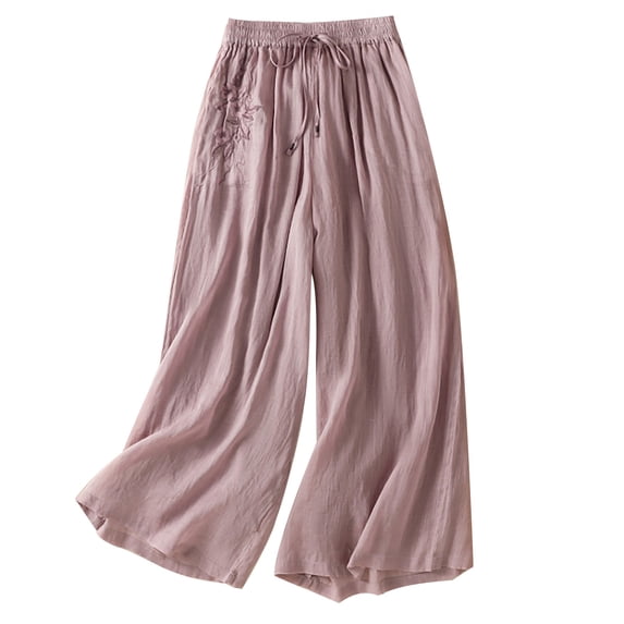 JFGHDG Women Linen Cotton Palazzo Pants Wide Leg Casual Elastic Waist Drawstring Flowy Loose Work Beach Trousers with Pockets Purple XL
