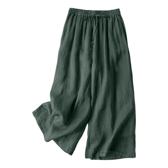 JFGHDG Women Linen Wide Leg Casual Summer Palazzo Pants, Lightweight Beach Vacation Flowy Trousers with Pockets Blackish Green M
