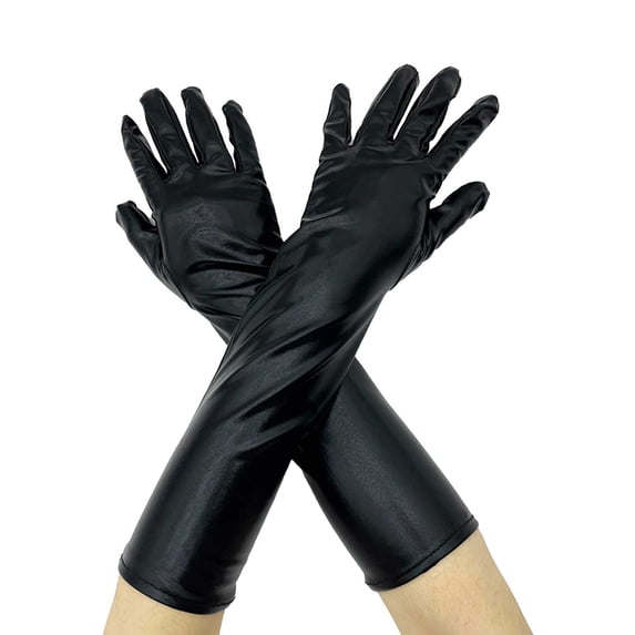 JFGHDG Women Long Faux Leather Gloves, Shiny Stretch PU Elbow‑length Costume Gloves Black Evening Formal Gloves for Halloween Prom Wedding Themed Party Dress‑up Black One Size