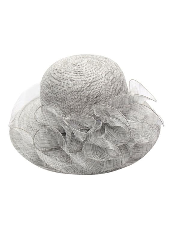 Women Organza Ruffle Flower Wide Brim Derby Hat, Elegant Breathable Church Sun Hat, Tea Party Wedding Cocktail Formal Beach Ladies Cap Light Gray One Size