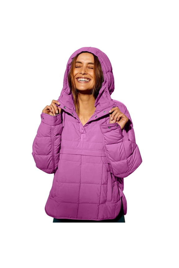 Women Quilted Pullover Packable Puffer Jacket Long Sleeve Quarter Snap Oversized Hoodie Winter Hooded Padded Coat Hot Pink 3XL