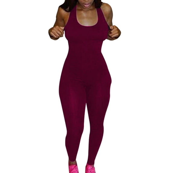 JFGHDG Women Racerback U Neck Bodycon Jumpsuit Sleeveless Seamless Skinny Leg Workout Yoga One Piece Outfit Wine Red S