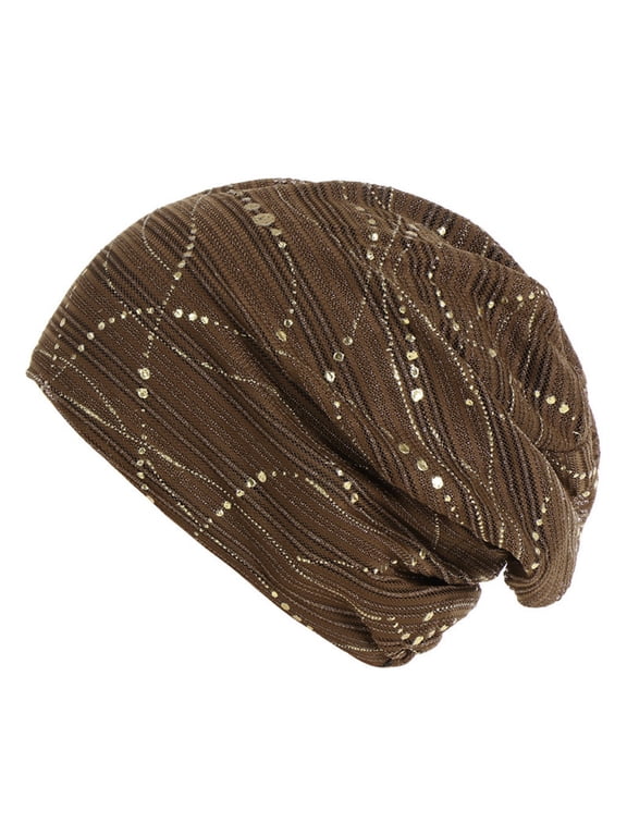 Women Slip-On Rhinestone Pre-Tied Beanie Headwear Turban Covering Wrap Beanie Caps Headscarf Elastic Headwrap Hair Cover Hat Coffee One Size
