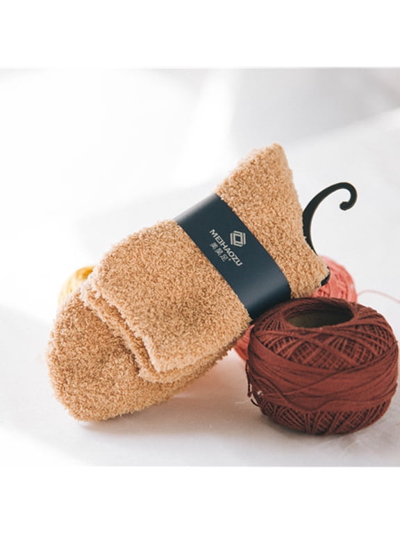 Women Solid Fuzzy Fleece Crew Socks, Cuffed Plush Fluffy Mid‑Calf Home Socks, Soft Cozy Lounge Socks for Sleeping Indoor Household Wear Beige One Size