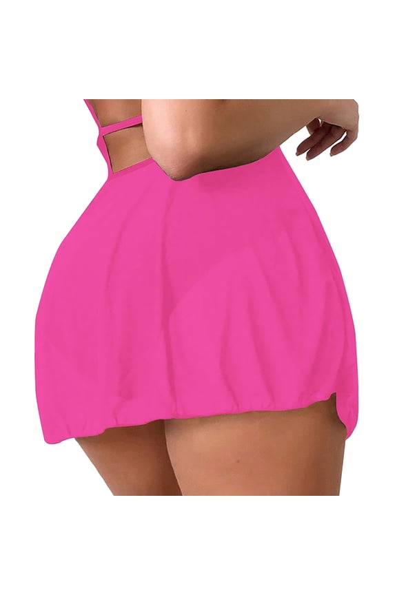 Women Solid Sheer Mesh Mini Skirt Style Swim Cover Up Bottom Bubble Ruffled Hem Elastic Loose Short Hot Pink XS