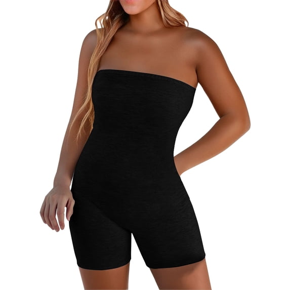 JFGHDG Women Summer Casual Strapless Bandeau Tube Romper Sleeveless Solid Color Stretch Short Bermuda Jumpsuits Beach Vacation Clothes Club Outfit Black L